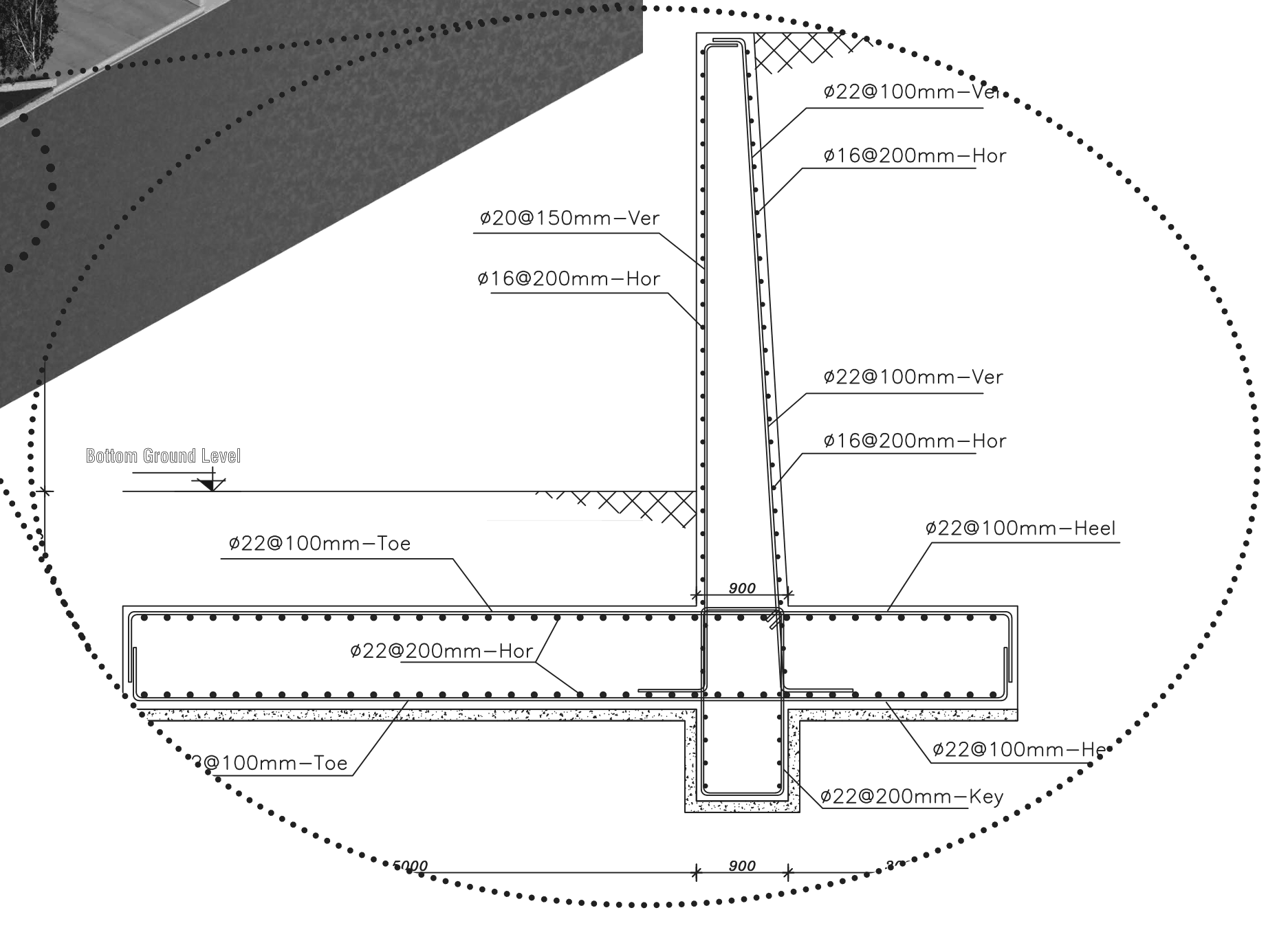 Cantilever retaining wall. The wall extends back into the retained soil to resist its lateral pressure.