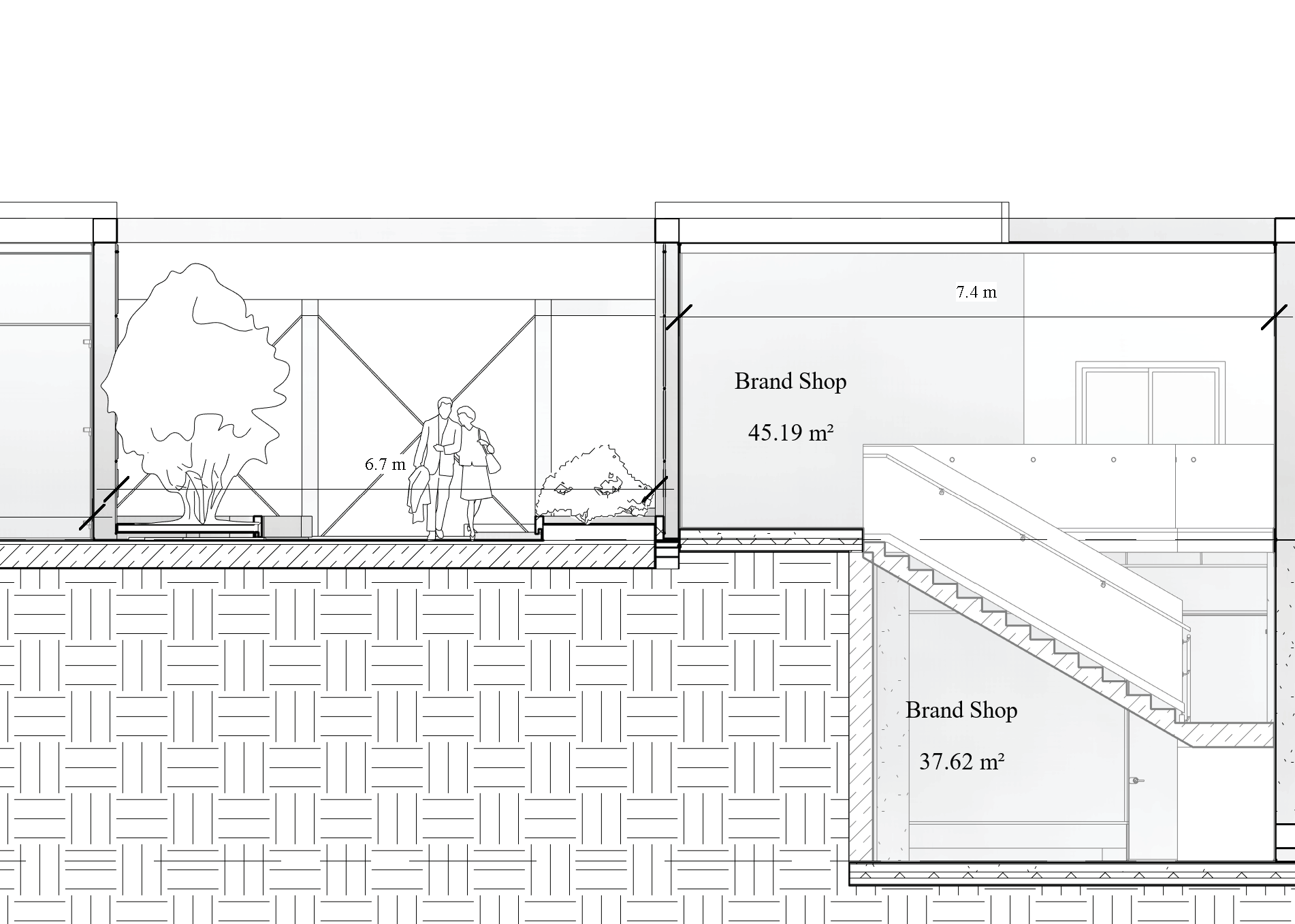 Section through shops and terrace