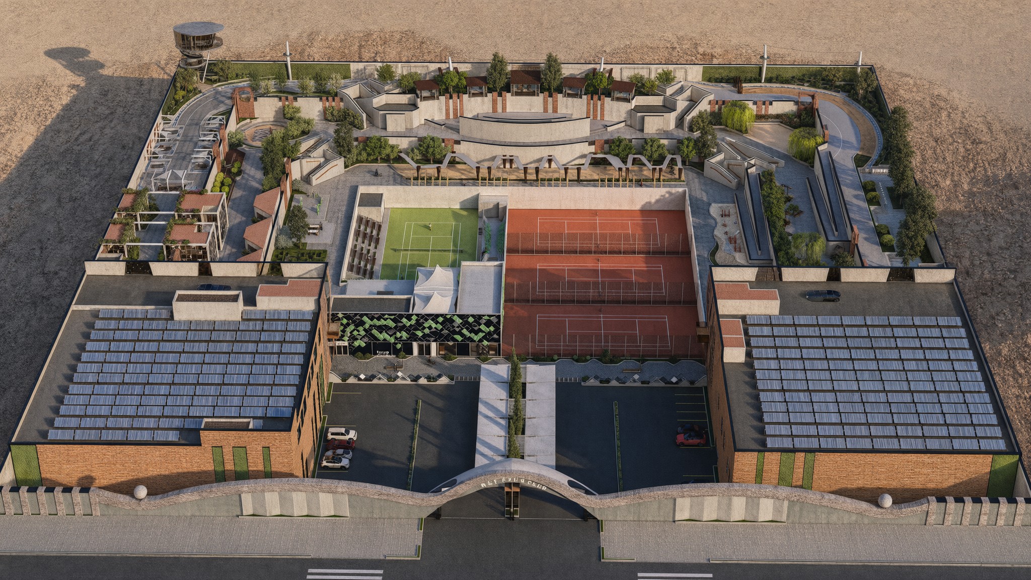 Aerial view: solar roofs, courts and stepped terraces