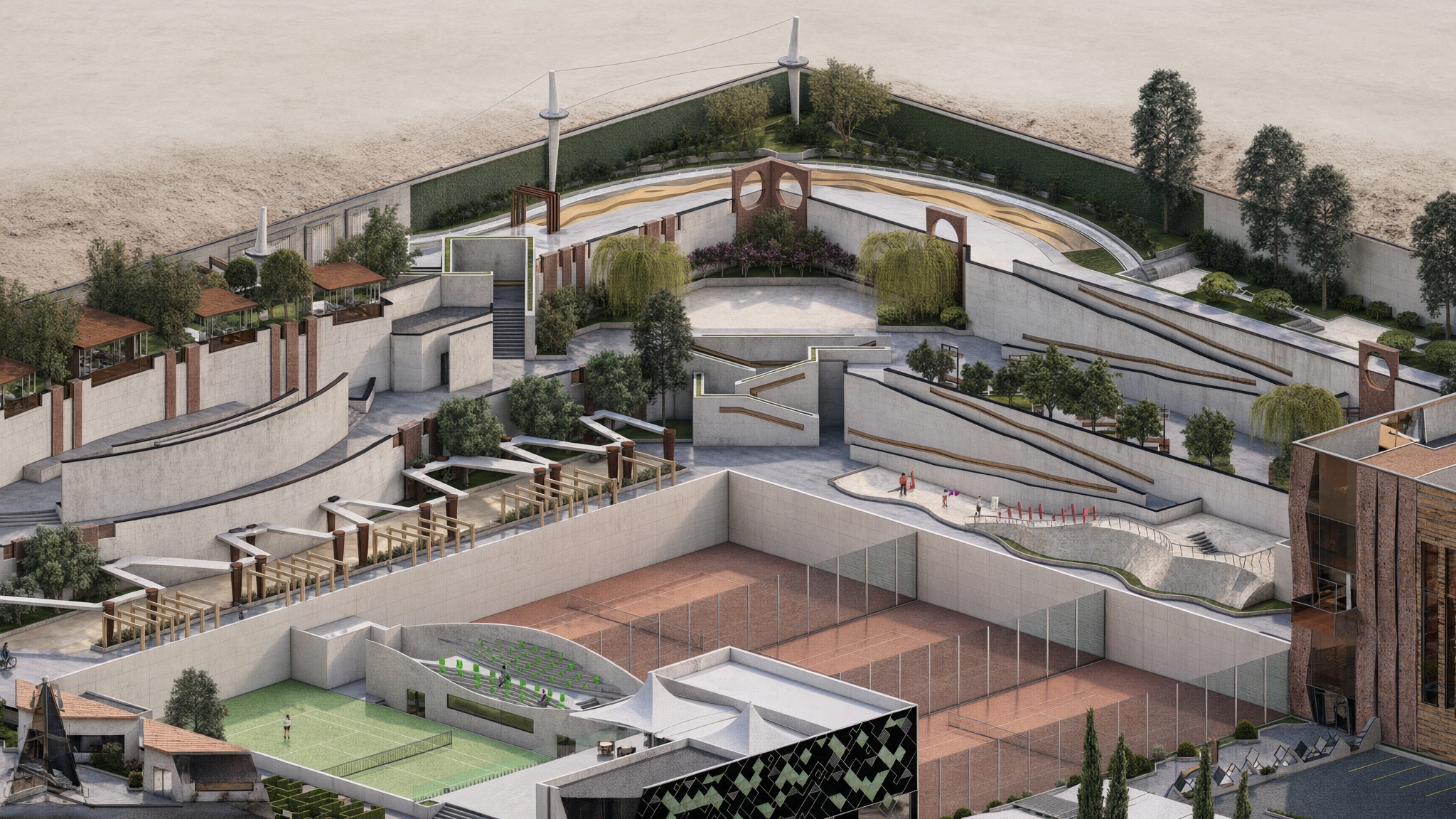 Stepped terraces above the courts