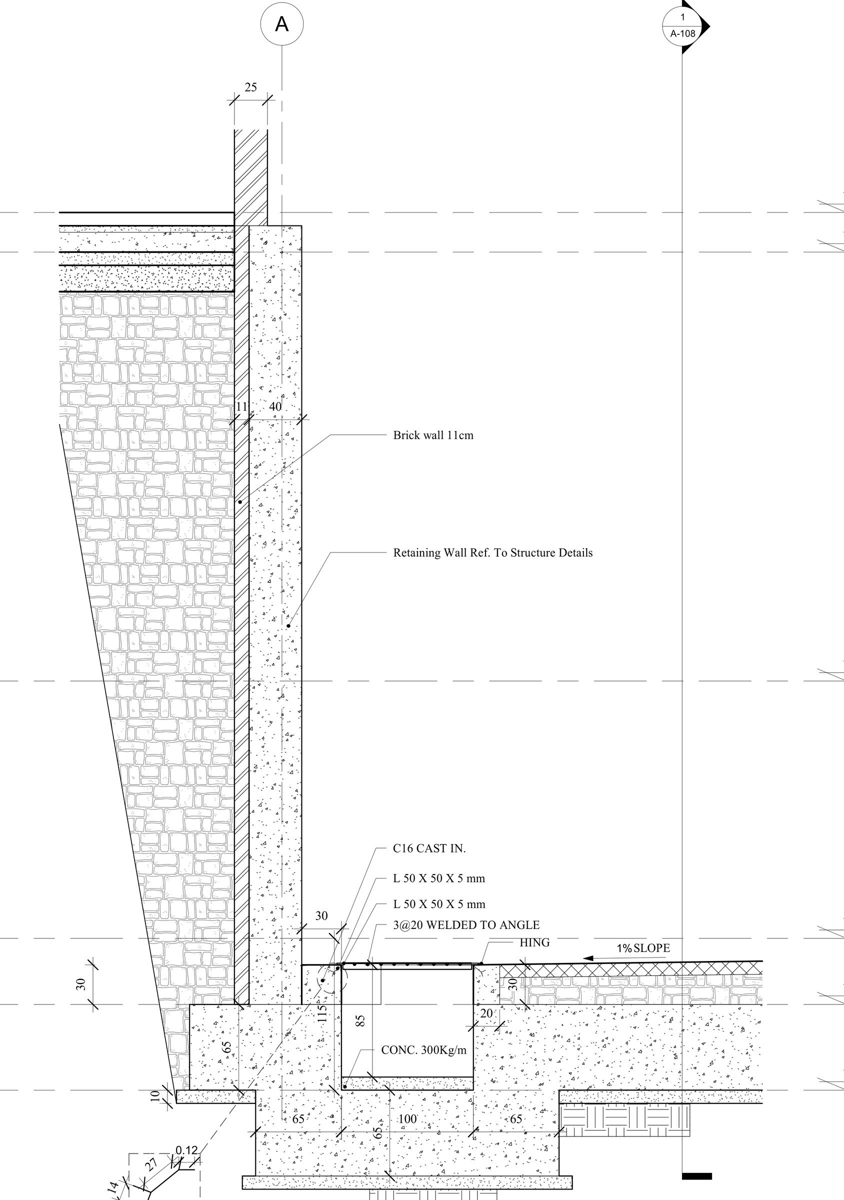 Wall section at the retaining wall and sump