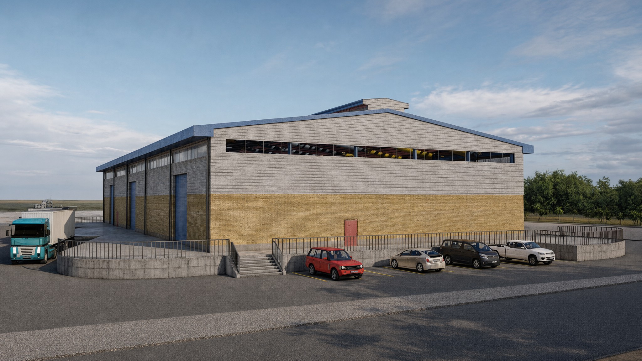 Warehouse gable and parking